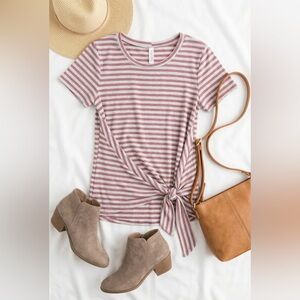 136 Red Lolly Mauve Stripe Tie Detail Short Sleeve Top
